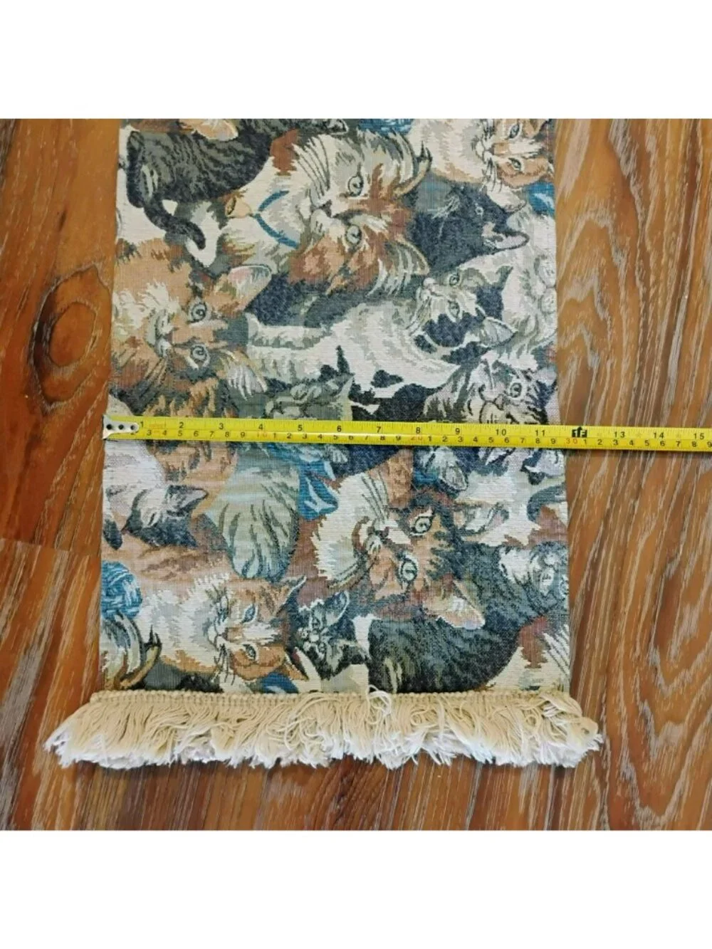 Vintage Cat Tapestry Table Runner With Fringe Edging, 64x12, Tan Cream Blue